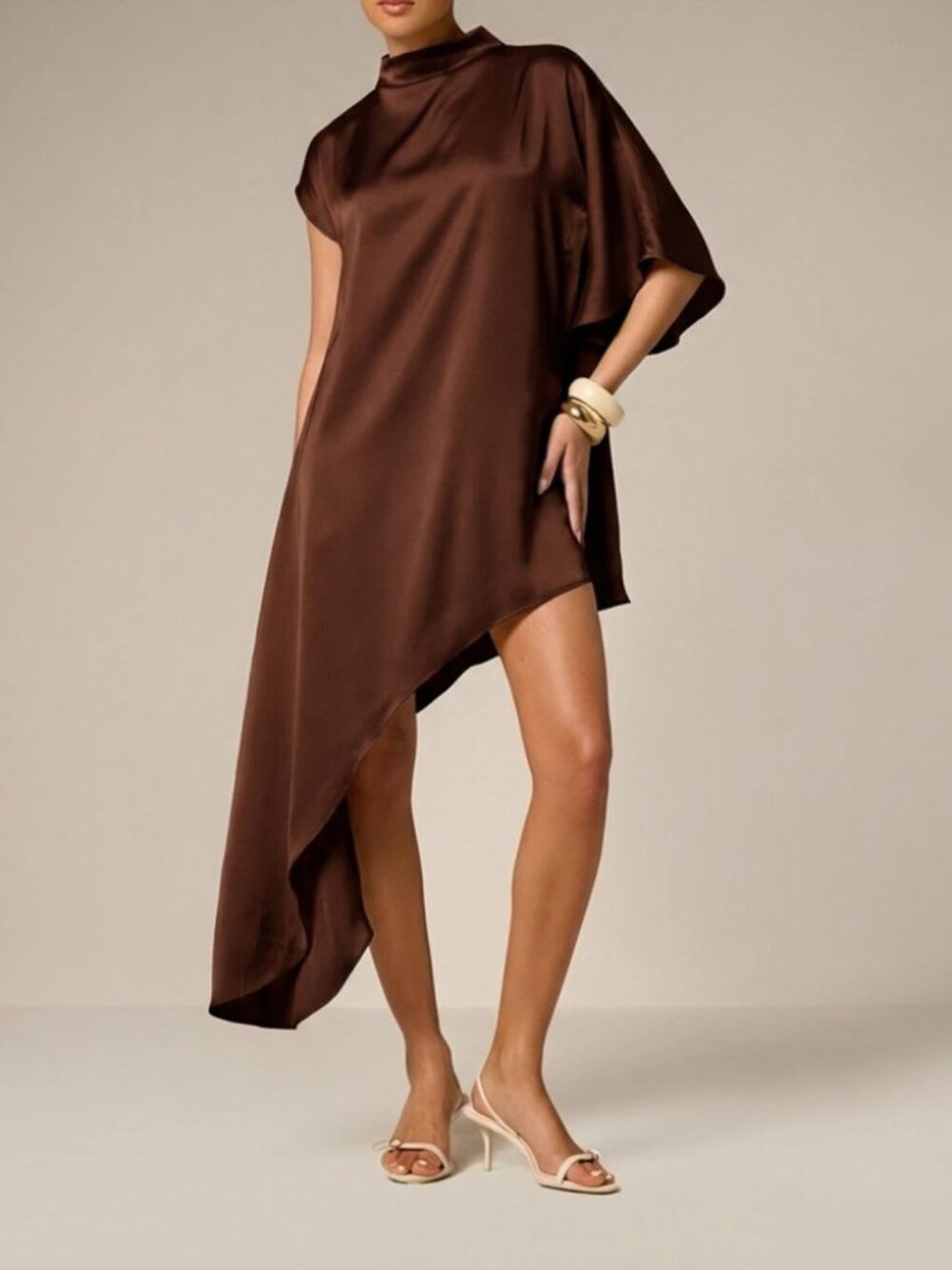 Chocolate Brown Satin High Neck Poncho Cape Asymmetric Hem Mini Dress